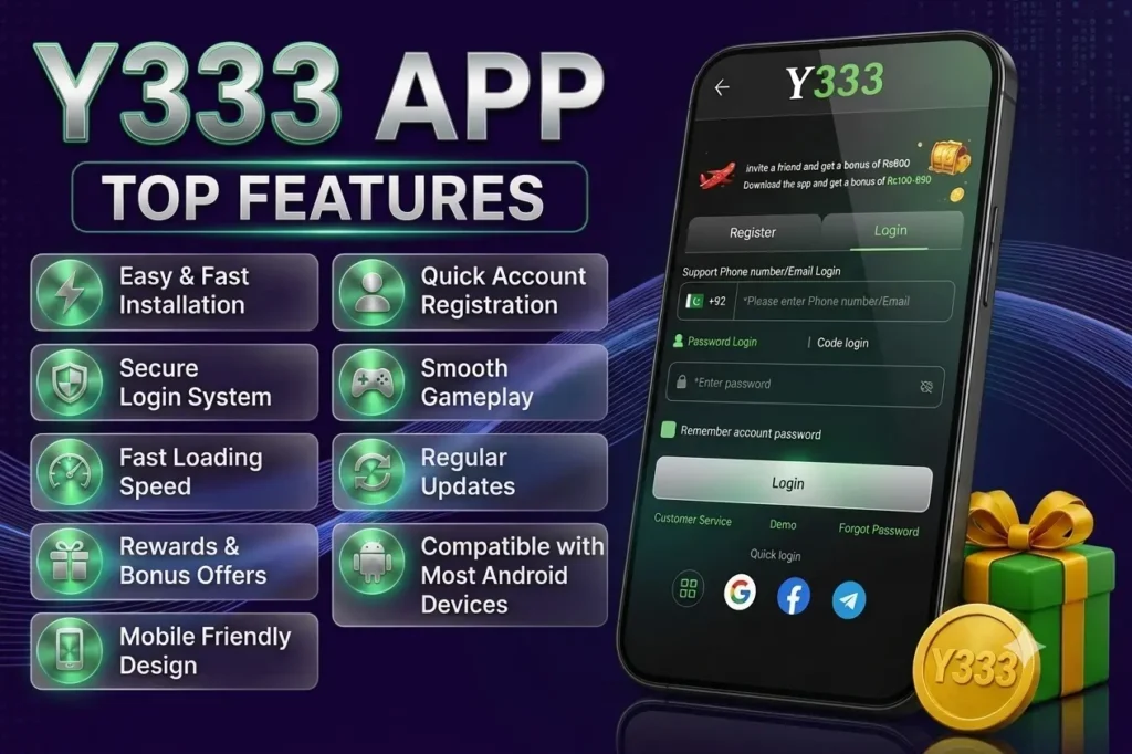 Y333 Game features including secure login, daily rewards, fast withdrawals, and smooth Android gameplay