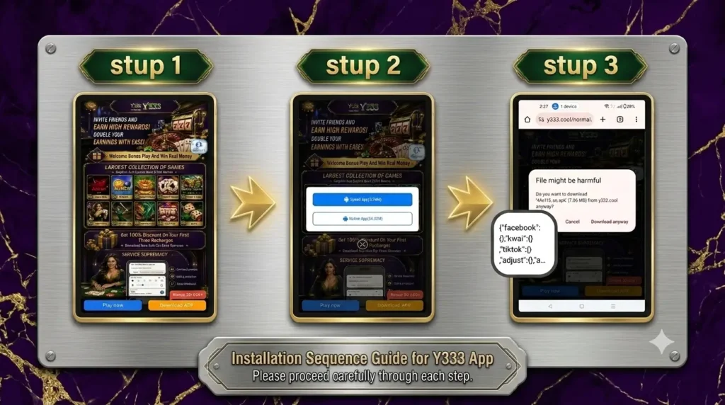 Y333 Game download process showing APK download, installation, registration, and login steps for Android users