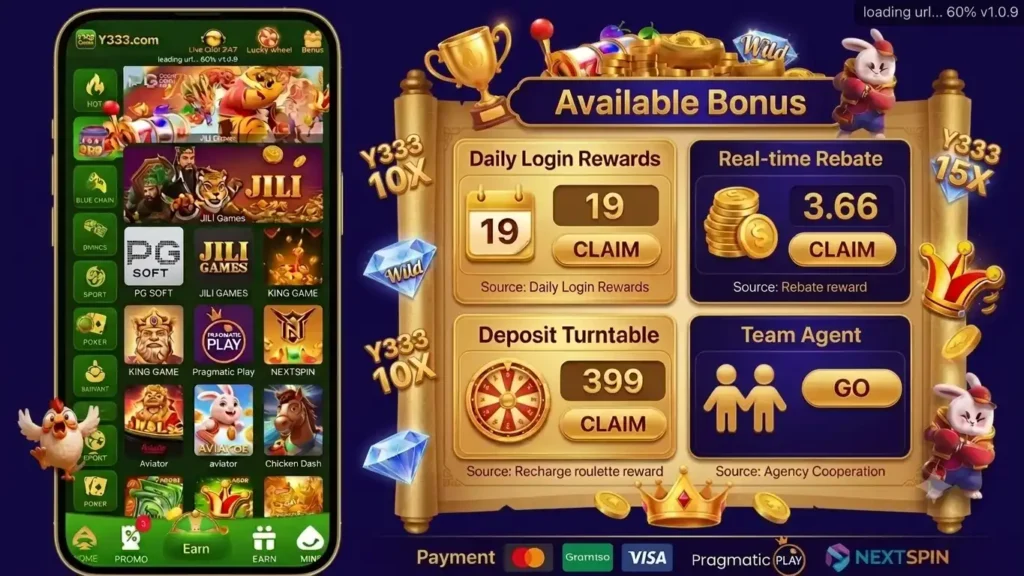 Y333 Game home screen showing welcome bonus, game collection, and APK download options